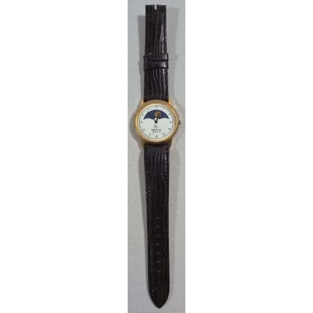 VTG Armitron Quartz Watch Women Moon Phase Gold Tone Leather Analog New Battery